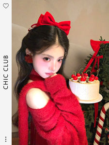 Christmas Atmosphere Red V-Neck Knitted Sweater All-Match Style Sweet Loose Fit Long Sleeve Top for Birthday Party Autumn Winter