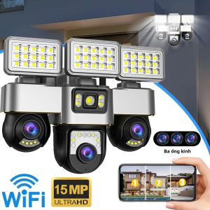 Camera An Ninh Wifi Ba Ống Kính V380 15MP Tầm Nhìn Ban Đêm Đèn Pha Không Dây CCTV Điều Khiển Bằng Ứng Dụng Giám Sát Trong Nhà Ngoài Trời