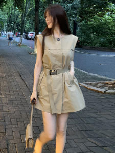 French Vintage Sleeveless Workwear Dress Women Summer Beautiful A-Line Waist-Cinching Shirt Short Skirt High Waist Sweet Style