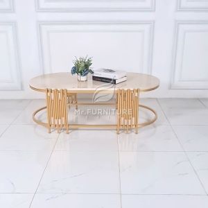 meja tamu oval stalaktit gold top marmer krem