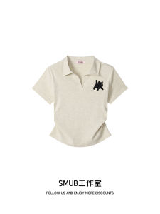 เสื้อยืดคอโปโลแขนสั้นผู้หญิงสไตล์เกาหลี ทรงเข้ารูป ผ้าฝ้าย ปักลาย ทรงเข้ารูป ฤดูร้อน 2025 ใหม่ ดีไซน์เก๋ไก๋