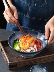 Japanese Style Ceramic Bowl Set Large High Footed Noodle Bowl Cold Noodles Soup Bowl round Shape Dinnerware Set for Home Use
