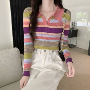 Sweater Vneck Stripes Wanita Knit Top Import Knitwear Lengan Panjang Korean