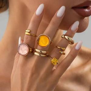Ingemark | Ingemark 7Pcs/Set Inlaid Acrylic Resin Adjustable Open Rings Set Women Trendy Gold Color Stackable Knuckle Ring Party Jewelry
