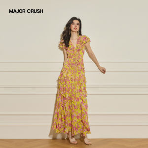 French Style Waist Cinched Flower Print Yellow Dress
