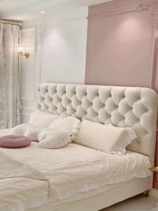 Modern Simple Style Soft Padded Fabric Bed Headboard Wooden Frame Master Bedroom Solid Pine Wood Zipper Backrest Popular Real Wood Bed Screen