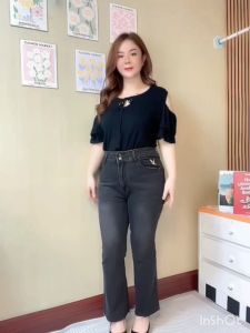 กางเกงยีนส์สาวอวบ M 525 กางเกงยีนส์ยืด ขาม้า 8.5 ส่วน สีสโนดำ ปักตกแต่งนกสีขาว