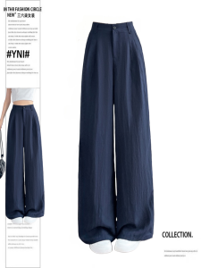 Navy Linen Trousers Straight Cut High Waist Cotton Linen Blend Casual Dress Pants Highsense Slenderizing Lightweight Draping