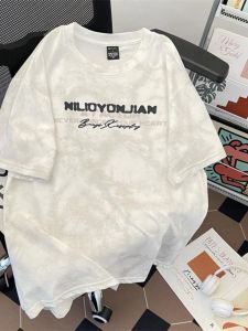 American Dyed Letter Short Sleeve T-Shirt Mens Summer Thin Fashion Brand Loose Match Half Sleeve Body Shirt Cotton Pure Breathable