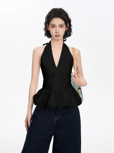 Black V-Neck Strapless Top Women Summer Outdoor Wear Design Sensation Beautiful Back Exposure Waist Cinch Sleeveless Flower Bud Top