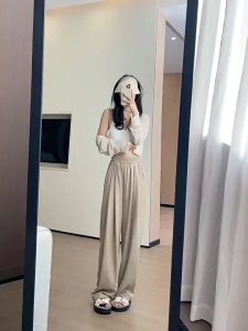 Womens Pleated Wide Leg Pants High Waist Loose Comfort Trousers for Office