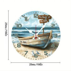 นาฬิกาแขวนผนังเงียบทรงกลมไม้เรือชายหาดเหมาะสำหรับห้องนั่งเล่น สำนักงาน ห้องอ่านหนังสือ ห้องนอน ของตกแต่งบ้าน