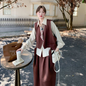 Wine Red Casual College Style Three Piece Set Womens Vest Shirt Mini Skirt Fashionable Autumn New Arrival