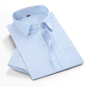 Áo Sơ Mi Nam Mùa Hè Tay Ngắn Rộng Rãi Thường Ngày Cotton Nguyên Chất Màu Xanh Sọc Cổ Bẻ Tay Áo Có Túi Áo Sơ Mi Bố