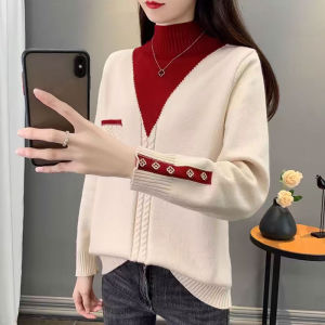 เสื้อสเวตเตอร์ถักคอสูงครึ่งตัวสำหรับผู้หญิง ทรงหลวม หนา แฟชั่น ฤดูหนาว 2025 เสื้อชั้นในถักแบบปลอมสองชิ้น เสื้อตัวบน