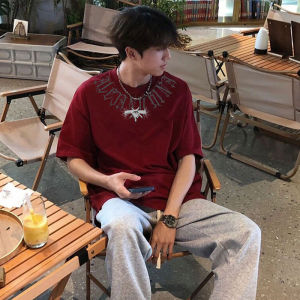 American Style High Street Mens Short Sleeve T-Shirt Summer Casual Loose Heavyweight Pure Cotton Breathable round Neck Top