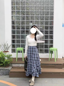 High Waist Plaid Blue Halter Neck Long Skirt Womens Vintage Style Commute A-Line Midi Skirt Autumn New Arrival Slimming Effect