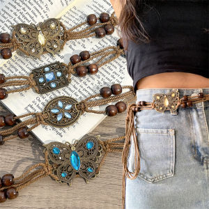 เชือกคาดเอวสไตล์วันหยุดลำลองสไตล์โบฮีเมียนเข็มขัดคาดเอวสตรีสายคาดเอวถักด้วยลูกปัดแฮนด์เมดอเนกประสงค์วินเทจสไตล์โบฮีเมียน