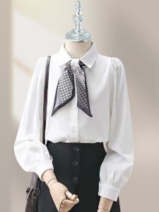 เสื้อเชิ้ตผู้หญิงแขนยาวผ้าชีฟองสีขาวสไตล์เกาหลี ทรงหลวม ทรงปกติ คอโปโล ผูกโบว์ แขนยาว ฤดูใบไม้ผลิและฤดูร้อน