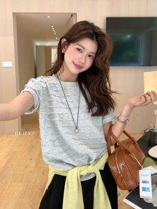 DUOFEIYAN | Stylish Striped Trim Lace Round Neck T-Shirt Loose Slimming Top