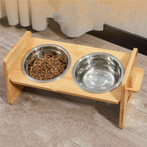 WISFOR Eco Double Cat Bowl Non-slip Pet Bowls Stand Dog Elevated Wooden Feeder Food Water Raised Lifted