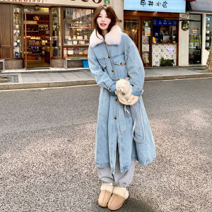 Womens Denim Jacket Winter Thickened Fleece Long Waist-Cinching Slimming Parka Cotton Clothes Korean Style Loose Fit