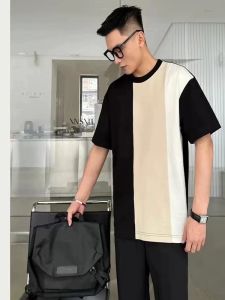 Stylish Asymmetric Patchwork Heavy T-shirt Mens Short Sleeve 23 Summer New Korean Style Loose Half Sleeve Contrast Color T-shirt