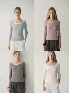 INSIS FEMME | Long Staple Cotton Simple Style Classic Henley Neck 5-Sleeve T-Shirt
