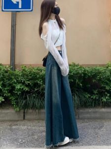 Retro High เอว ขากว้าง เดนิม กระโปรง ผู้หญิง ฤดูร้อน หลวม Slim Straight Large Flared กางเกง Vintage Faded Washed กางเกงยีนส์ กระโปรง