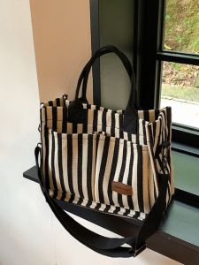 Large Capacity Commuter Canvas Tote Bag Womens Crossbody Handbag Fashionable Striped Bag Handheld Shopping Bag