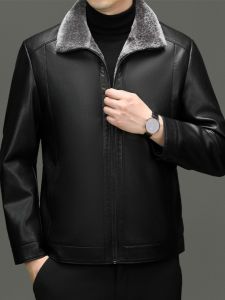 Winter Genuine Leather Mens Slim Fit Beige Sheepskin Jacket for Business Casual With Fleece Lining and Zipper Details