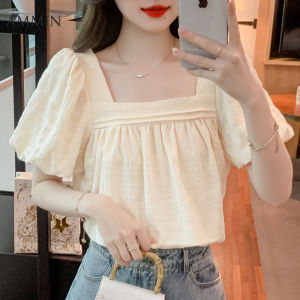 Ammin mùa hè mới cổ áo vuông Pháp cổ điển xù tay áo ngắn thiết kế đi lại áo cánh vải voan áo blouse thanh lịch kẻ sọc đơn giản tay áo phồng ngọt ngào của phụ nữ