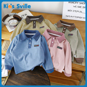 Kids Sville เสื้อกันหนาวเด็ก เสื้อโปโลผ้ากำมะหยี่เยอรมันสำหรับเด็ก ฤดูใบไม้ร่วงและฤดูหนาว เวอร์ชั่นภาษาเกาหลี เสื้อแขนยาวปกตั้ง เสื้อยืดลายทาง เสื้อยืดเด็กผู้ชาย ขนาดกลางและใหญ่ ชุดชั้นในกันหนาวสำหรับเด็ก