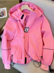 Pink Spring Autumn Womens Jacket Windproof Hooded Zipper Closure Regular Sleeve Lengthened Outerwear Large Size Baseball Style