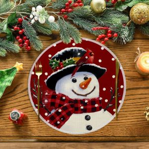 Khăn Trải Bàn Giáng Sinh VIKAMA Hình Tròn Màu Kem Họa Tiết Cây Thông Đen Đỏ Kèm Sao Và Chữ Merry Chất Liệu Vải Lanh Mềm Mại Bền Đẹp Dùng Cho Bữa Ăn Ngày Lễ.
