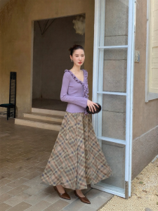 XXNING | French Vintage Slimming Checkered Print Midi Skirt