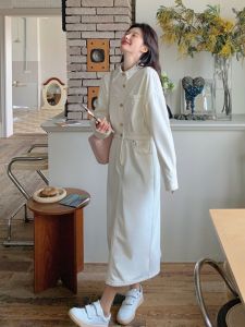 White Design Sense Shirt Denim Dress Womens Autumn New Waist Cinching Slimming Workwear Long Skirt Casual Style A-Line Skirt