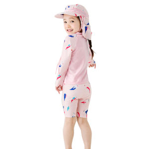 2-10 Y Kids Two Pieces Swimwear Girls Swimsuit with Sunny Hat Baby Long Sleeve Rash Guard Child Surfing Wear Children Swimming Suit Pink with Birds Pattern