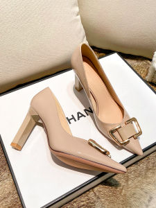 Nude Patent Leather High Heels Womens Chunky Heel 2025 Spring Autumn Style French Elegance Black Commute Professional Single Shoes