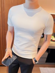 Mens Slim Fit round Neck Short Sleeve T-Shirt Summer Pure Color Base Shirt Elastic Half Sleeve Printed Cotton Polyester Blend