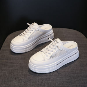Womens Platform Slip-On Pumps Increased Height Flat Sandals Outdoor Wear Chunky Heel Korean Style High Heel Ultra-Fiber Leather