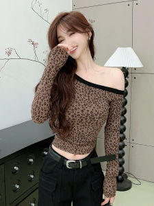 Autumnal Leopard Print One Shoulder T-Shirt Womens Base Shirt Vintage Slimming Sweet And Spicy Short Top European Style