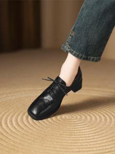 Leather Lace-Up Work Shoes Square Head Commute Spring New Style Black Smooth Leather Chunky Heel British Style Fashion Single Shoes