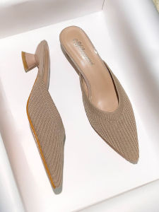 French Pointed Toe High Heels Womens Cat Heel Half Slip Knitted Slippers Trendy Outdoor Wear Sandals Comfortable Commute