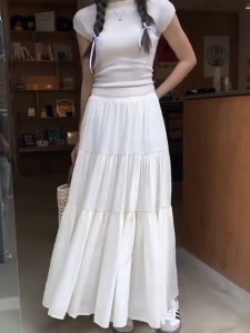 Womens Korean Style Tiered Ruffle Long Maxi Skirt High Waist Elastic A-Line