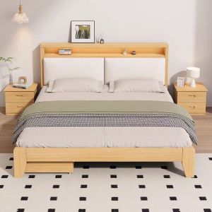lron Poetry.PH 47-70 INCH Solid Wood Bed Frame With Soft Bag Wooden Bed Frame Double/Queen/King Bed Frame Bedroom