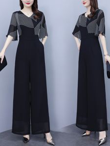 Elegant Goddess Style Wide Leg Jumpsuit Set Womens Summer Fashion High Waist Polyester Thin Pocket Long Pants Jumpsuit