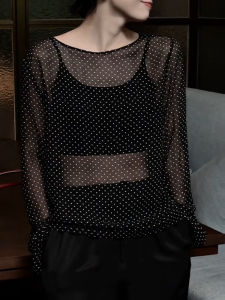 UYFY | Black Polka Dot Round Neck Long Sleeve T-shirt Lightweight Comfortable Breathable Plus Size Youthful