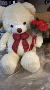 ตุ๊กตาหมีหัวโต ตัวใหญ่ teddy ***พร้อมช่อดอกไม้***  size 80 cm  ขนนุุ่ม  ใหญ่กำลังพอดี ของขวัญวาเลนไทน์  ***แถมการ์ดฟรี**