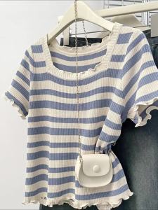 AIYITI | Big Size Stripe and Wooden Ear Design Short Sleeve T-shirt Slimming Ice Silk Knit Top